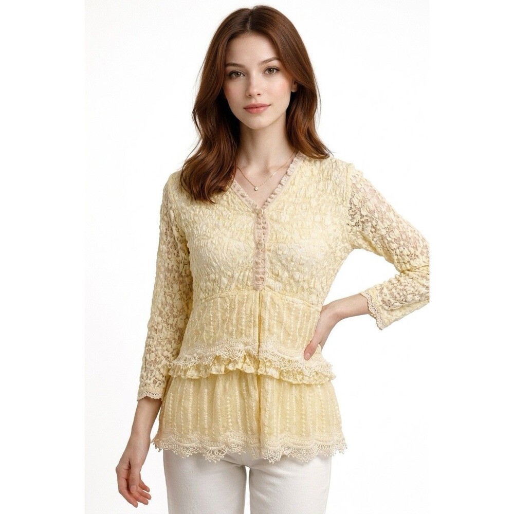 Young Essence Sheer Lace 3/4 Sleeve Cream Tunic Large